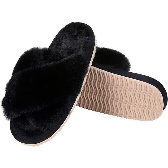 NEW Steve Madden Faux Fur Fuzzy Criss Cross Slip On Slippers Women's 5-6 BLACK - Picture 1 of 9